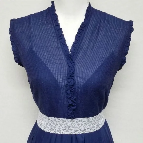 Rare Vintage 40s Glass Original Blue Ruffle Cotton Voile Tie-Waist A-line Dress - Picture 5 of 11